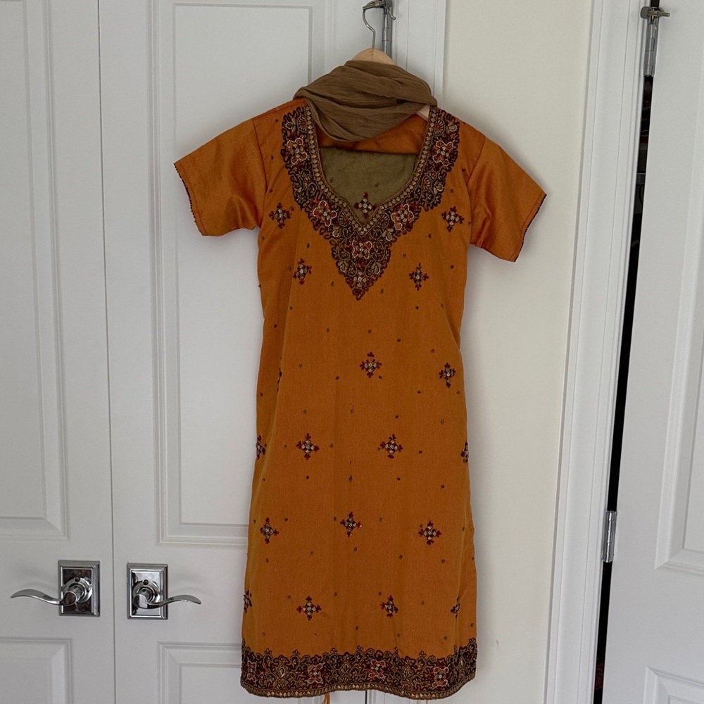 Embroidered Orange Dress with Scarf